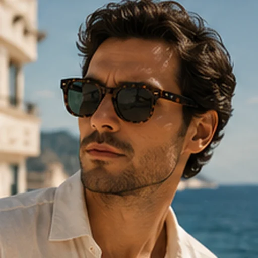 Male model wearing sunglasses beside the sea