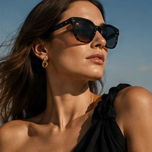 Female model wearing sunglasses in a coastal setting