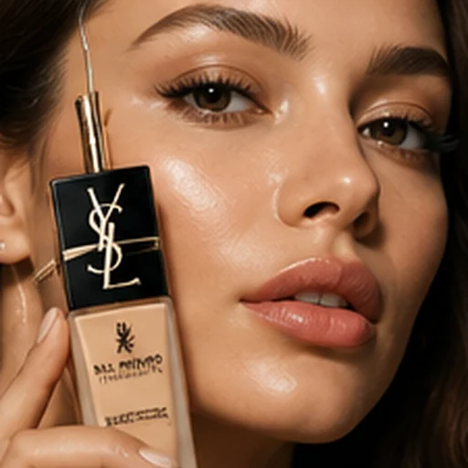 Beauty model holding a premium foundation bottle