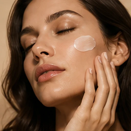 Beauty model applying a cream to her cheek