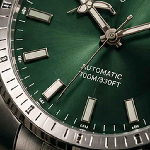 Macro photograph of the green watch dial and markers