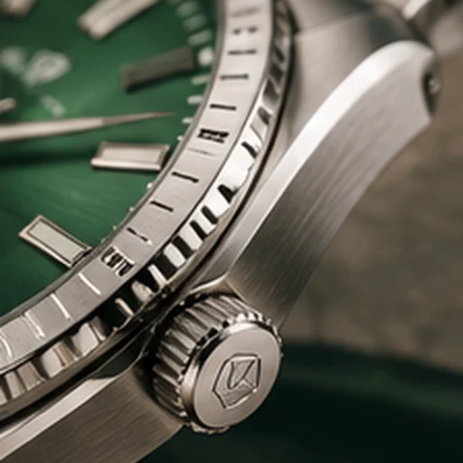 Extreme close-up of the watch bezel, case and crown