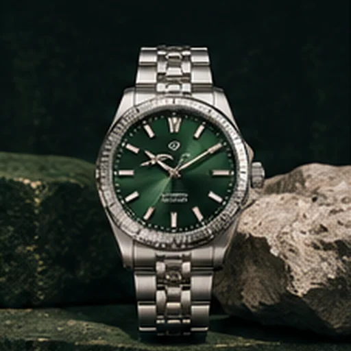 Green-dial stainless-steel watch on a dark stone pedestal